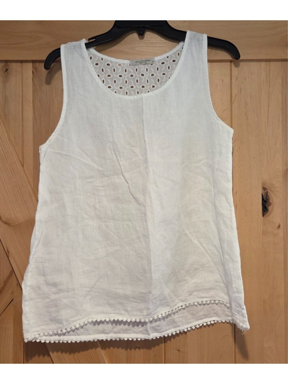Viola Borghi Womens White Linen Tank Top Size S Summer Eyelet Pom pom hem